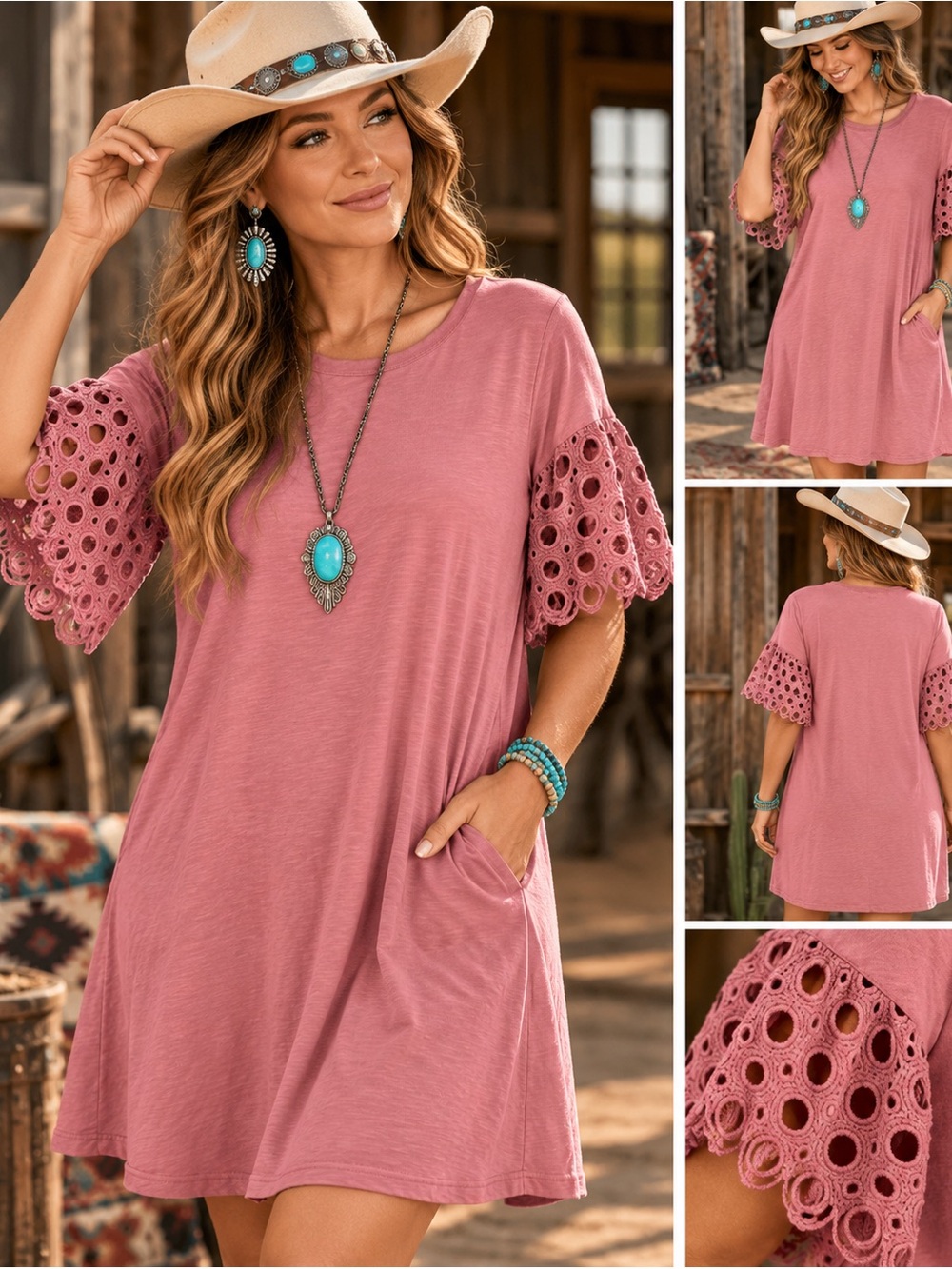 Lane Bryant Eyelet Bell Sleeve Swing Dress Dusty Rose 14/16